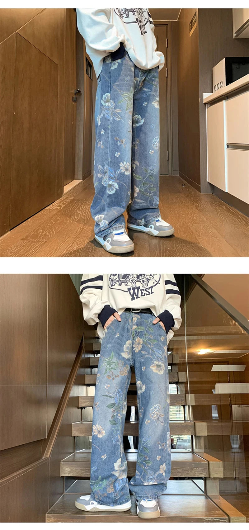 american high street floral printed jeans for men 2024 new y2k vintage denim trousers hip hop fashion wide leg baggy jean pants unique jeans style 425