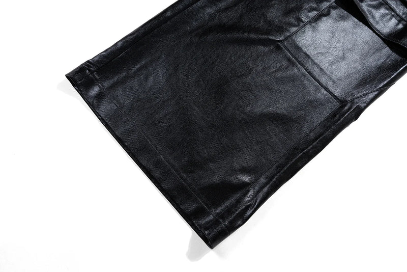 ro style glossy black pu leather pants for men high street y2k pantalones hombre baggy overall wide leg drawstring cargos unique cargo style 5653