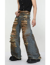 2 pieces sets mens dirty graffiti wide shouder denim jeans jacket coat and ripped holes wide legs pants joggers streetwear sets unique joggers style 4561