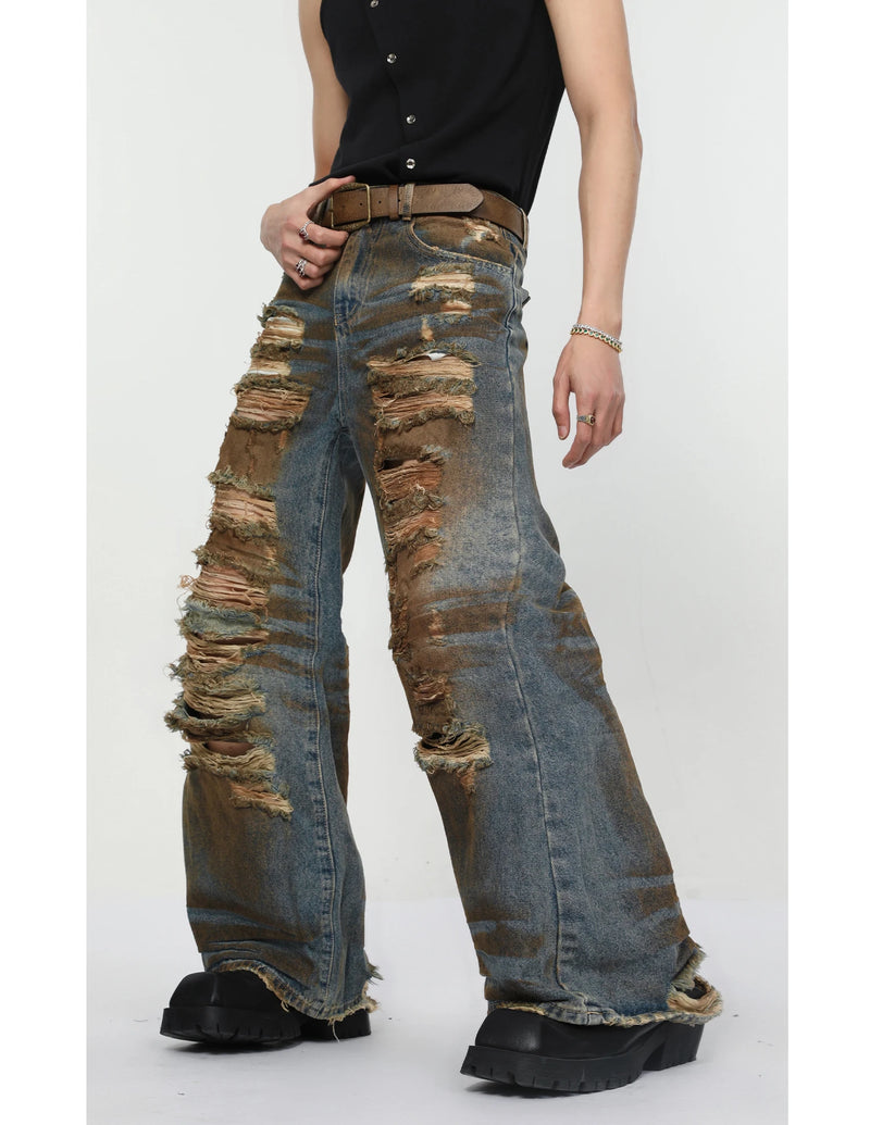 2 pieces sets mens dirty graffiti wide shouder denim jeans jacket coat and ripped holes wide legs pants joggers streetwear sets unique joggers style 4561