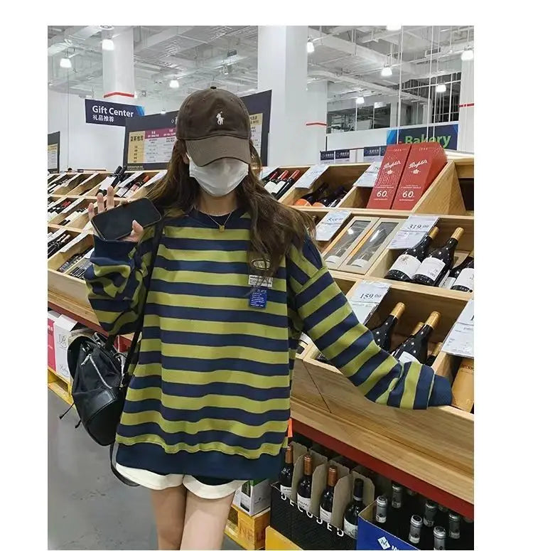 Original Korean New Style Loose Striped Sweatshirt American Harajuku C