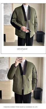 2024 Winter Collarless Cotton-padded Jacket Men Japanese Korean Fashion Loose Casual Thicken Warm Parkas Jacket Cityboy Coat