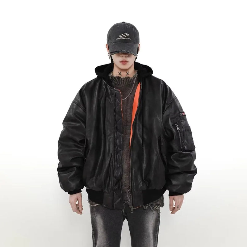 Winter American Fake Two Pieces Parkas Mens Heavy Weight Thicken Hip Hop PU Leather Cotton Jacket Trend Loose Motorcycle Coats