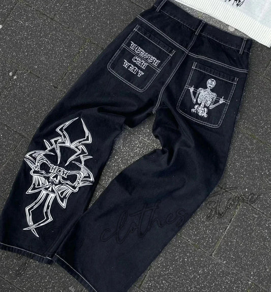 goth hip hop oversized skull embroidery pattern y2k baggy jeans new men and women straight black jeans retro casual denim pants unique jeans style 920