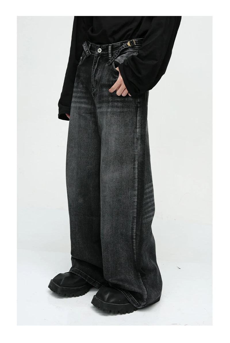 mens black baggy jeans male casual loose straight jeans trousers vintage hip hop denim pants unique jeans style 181
