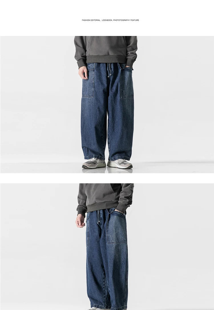 large size jeans basic denim pants solid color mens casual wide leg pants waist elastic hip hop baggy man trousers unique jeans style 384