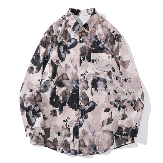 High Street Watercolor Floral Graphic Print Shirts Sense Oversized Lapel Long Sleeve Shirt