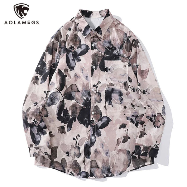 High Street Watercolor Floral Graphic Print Shirts for Men High Sense Oversized Lapel Long Sleeve Shirt Single Breasted Unisex