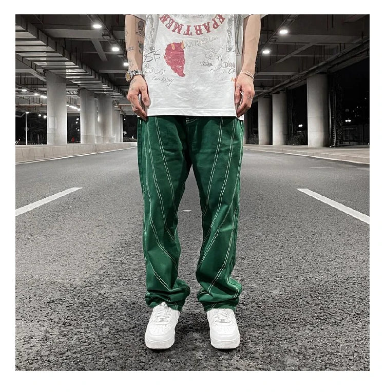 fashion design lines denim jeans mens zipper loose straight trousers hip hop new casual streetwear pants joggers baggy jeans unique joggers style 1444