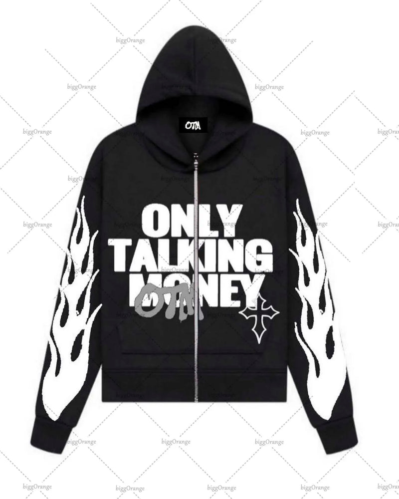 American Fashion Gothic Flame Letter Print Oversized Hoodie Mens Y2K S