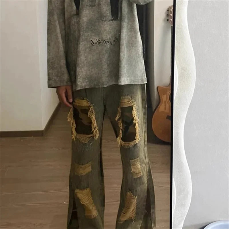 hip hop camouflage ripped patchwork denim pants for men y2k vintage streetwear wide leg jean 2025 new distressed baggy jeans vintage washed jeans