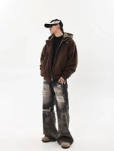 American Hoodie Mens Detachable Hat Grid Pattern Color Block Loose Fak