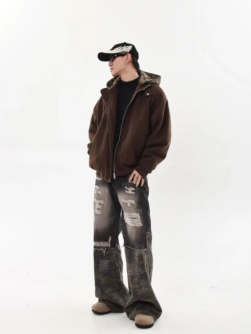 American Hoodie Mens Detachable Hat Grid Pattern Color Block Loose Fak