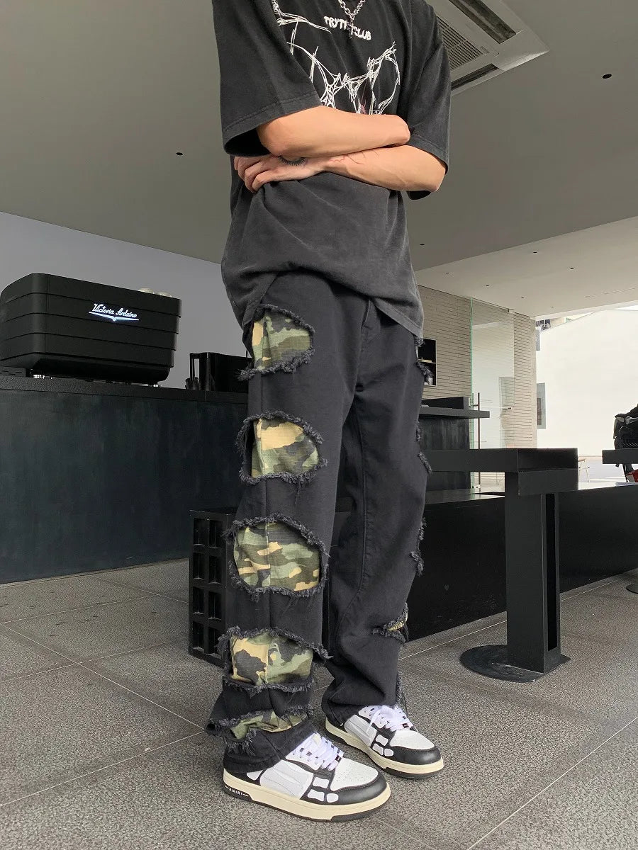 side destroyed ripped holes denim jeans pants mens casual patchwork camouflage loose straight joggers hip hop streetwear jeans unique joggers style 4085