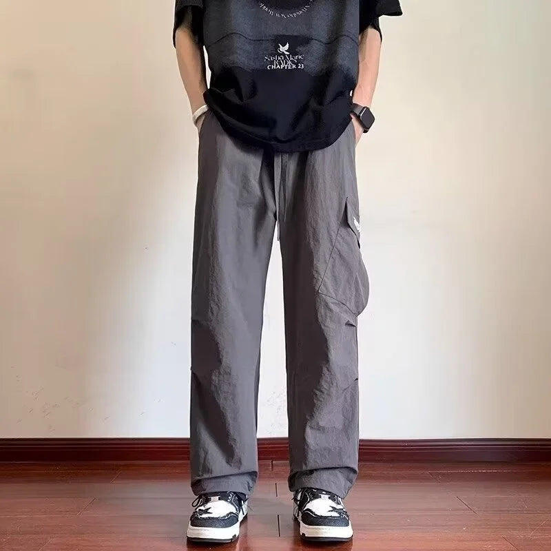 american retro straight leg cargo pants mens baggy casual outdoor gym trousers autumn thin tactical quick dry pantalones hombre unique cargo style 3419