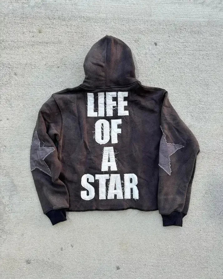 Gothic Retro Harajuku Star Embroidered Letter Oversized Hoodie Mens An