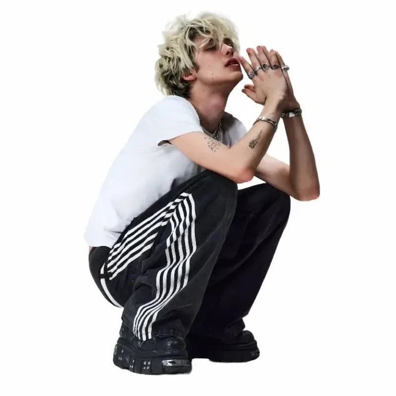 baggy jeans harajuku goth y2k jeans for men black striped new hip hop embroidered wide leg denim pants high street streetwear unique jeans style 275