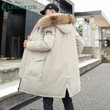 Korean Style Winter Long Parka Coat Men Woman Down Jacket Clothing Hooded Fur Collar Thicken Warm Leisure Lovers Overcoat