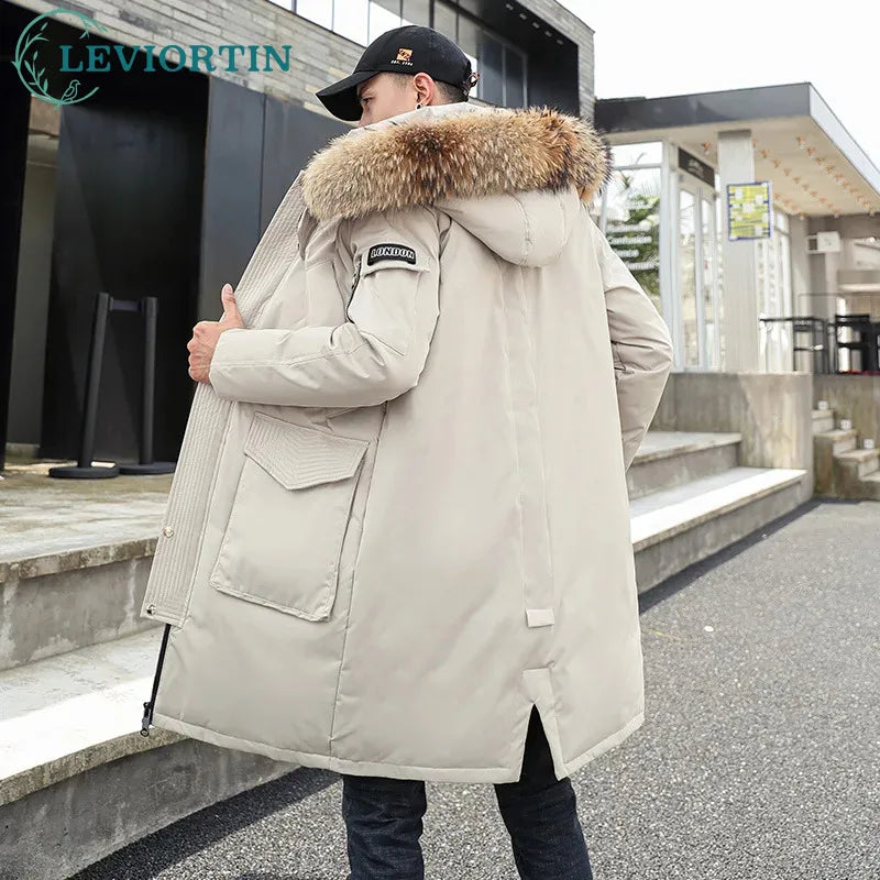 Korean Style Winter Long Parka Coat Men Woman Down Jacket Clothing Hooded Fur Collar Thicken Warm Leisure Lovers Overcoat
