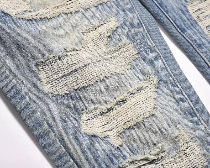 mens high street denim jean pants new casual blue slim ripped holes straight zipper jeans trousers hip hop streetwear joggers unique joggers style 770