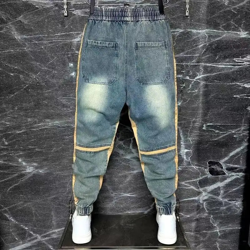 2024 new harem pants spliced cut bound feet jeans hip hop streetwear brand men clothing washed blue denim pants for men stacked flare jeans