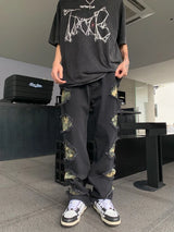 side destroyed ripped holes denim jeans pants mens casual patchwork camouflage loose straight joggers hip hop streetwear jeans unique joggers style 4081