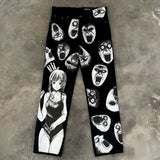 street retro dark style cartoon anime print oversized wide leg pants women y2k harajuku trendy brand high waist washed trousers menswear bottoms