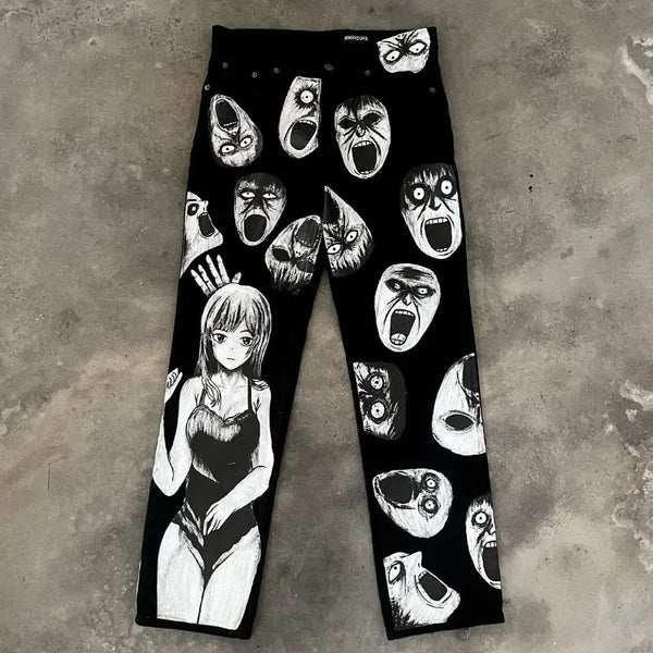street retro dark style cartoon anime print oversized wide leg pants women y2k harajuku trendy brand high waist washed trousers menswear bottoms