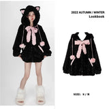 Sadcore Shirt – Harajuku Little Wildcat Hoodies Women Bodysuit Black Tie Bow – Streetwear Fashion for Men & Women