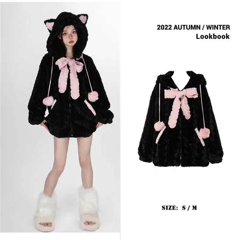 Harajuku Little Wildcat Hoodies Women Bodysuit Black Tie Bowknot Cute