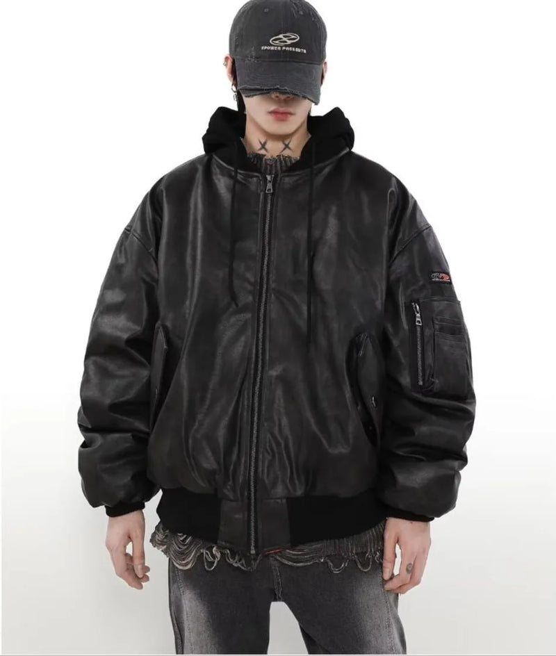 Winter American Fake Two Pieces Parkas Mens Heavy Weight Thicken Hip Hop PU Leather Cotton Jacket Trend Loose Motorcycle Coats