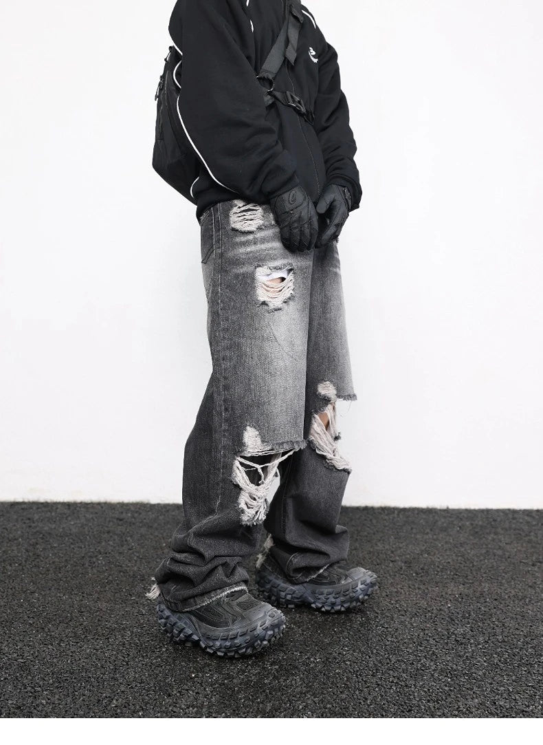 knee destroy big holes high street pants mens casual harajuku zipper straight trousers hip hop fashion streetwear baggy joggers unique joggers style 2914