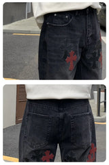 men embroidery streetwear brand fashion hip hop loose casual straight motorcycle denim jeans pant cityboy y2k jeans trousers unique jeans style 2483