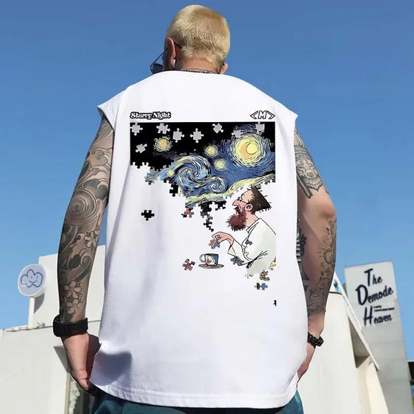 Glitchcore Graphic tee – Summer Mens Starry Night Puzzle Printed Tank Tops Hip Hop Fashion