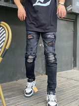 knee hole patckwork skinny denim jeans men slim biker trousers jeans fashion streetwear hip hop retro washed jean pants joggers unique joggers style 3356