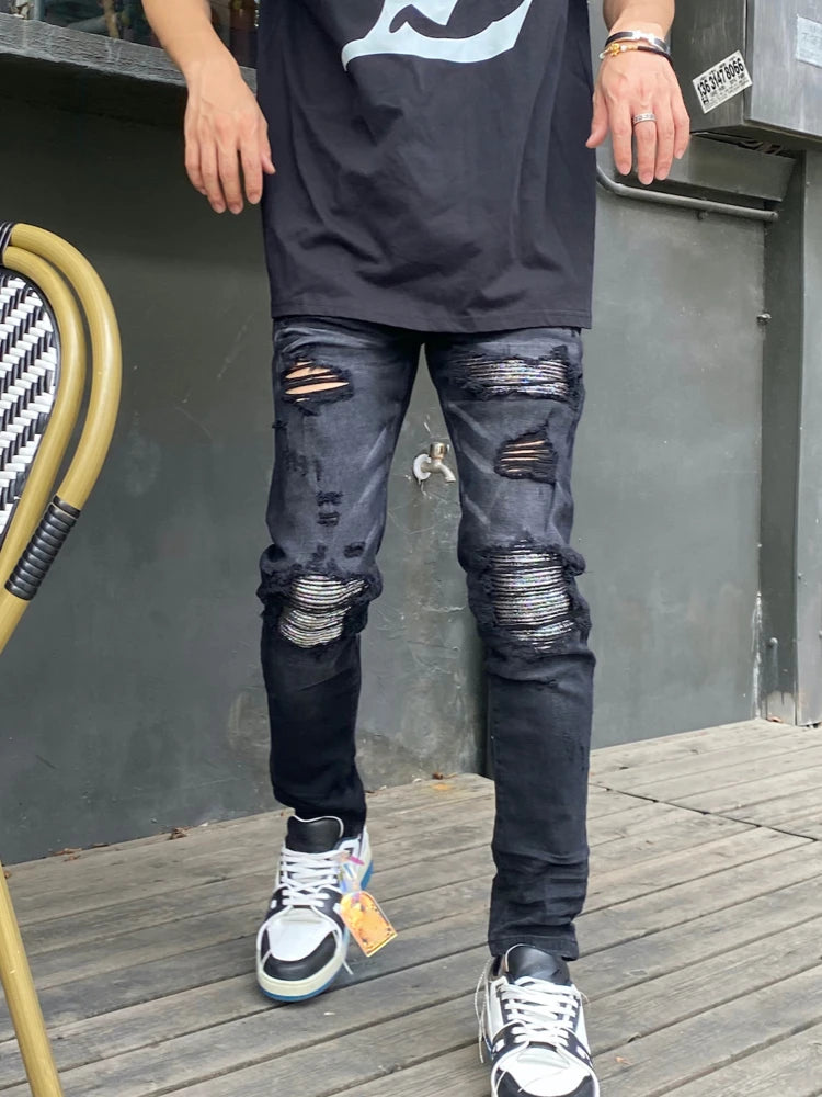 knee hole patckwork skinny denim jeans men slim biker trousers jeans fashion streetwear hip hop retro washed jean pants joggers unique joggers style 3356