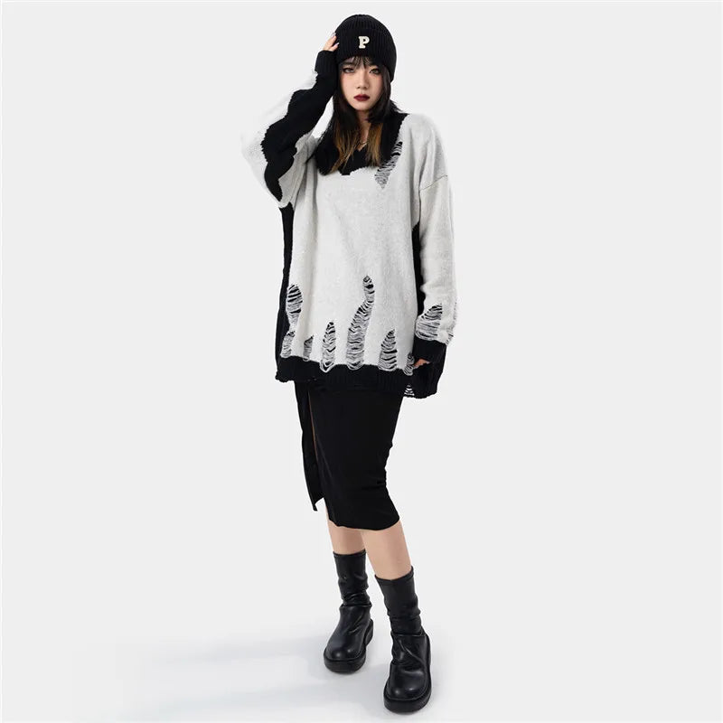 hip hop streetwear knitted sweater sweater 2022 mens harajuku ripped holes new casual v neck tops cotton loose pullover sweaters - anime inspired graphic hoodie, oversized streetwear hoodie, urban fashion pullover