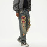 men broken hole patch loose casual plus size straight ripped denim pants jeans man streetwear fashion baggy jeans trousers unique jeans style 3157