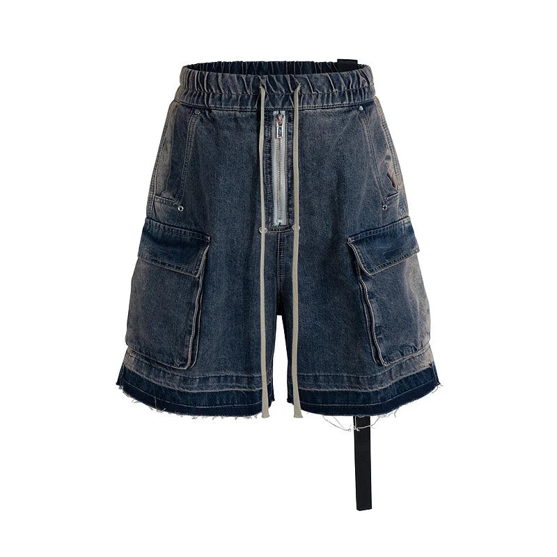 Men's and Women's High Street Vintage Splicing Cat Whisker Cargo Denim Shorts Zip Up Raw Edges Pockets Mens Jeans Shorts Ribbon