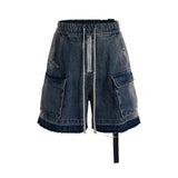 Men's and Women's High Street Vintage Splicing Cat Whisker Cargo Denim Shorts Zip Up Raw Edges Pockets Mens Jeans Shorts Ribbon