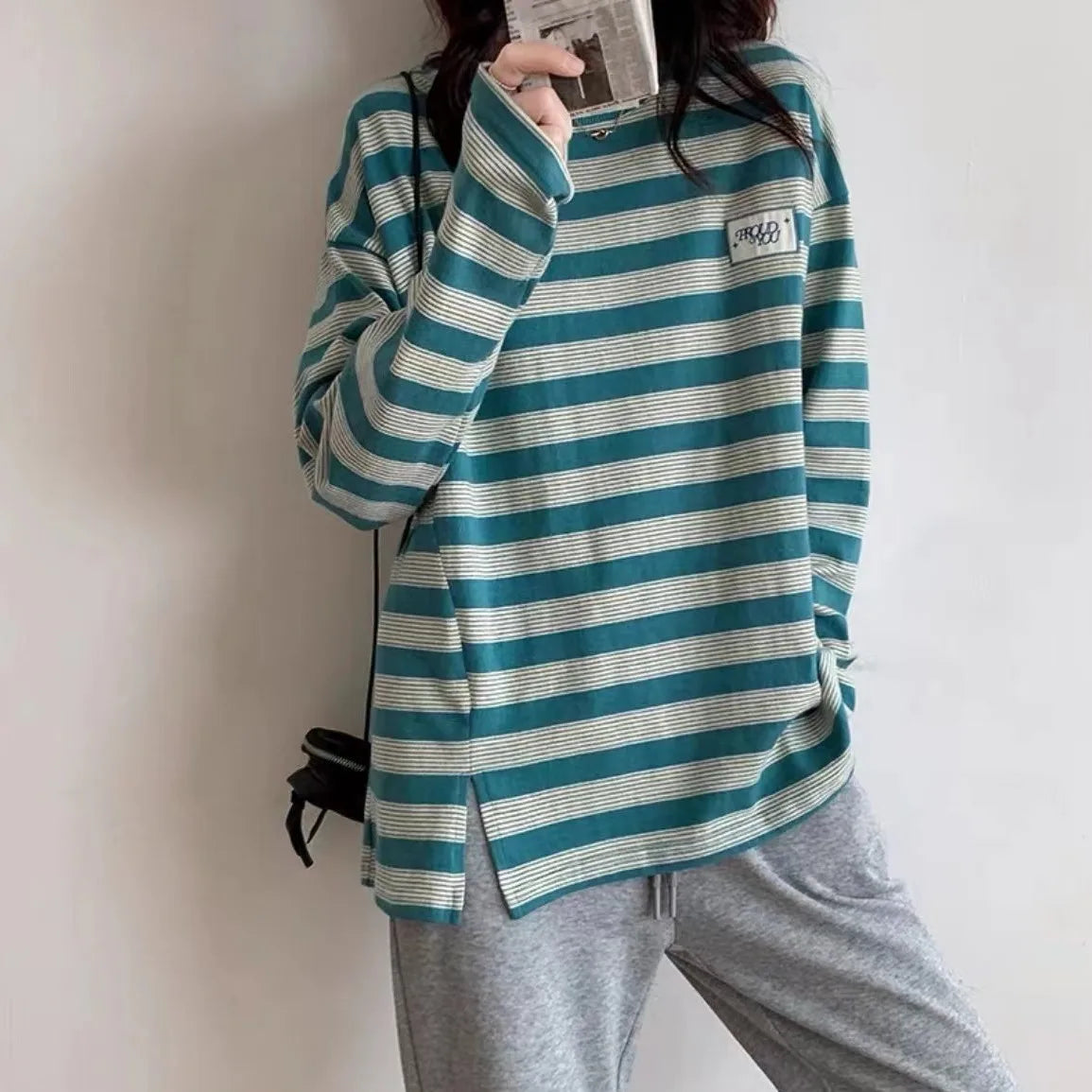 Y2k Vintage print – Design Niche Slit Striped Bottoming Shirt Women Autumn And W