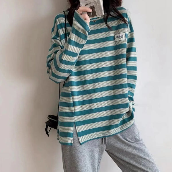 Y2k Vintage print – Design Niche Slit Striped Bottoming Shirt Women Autumn And W