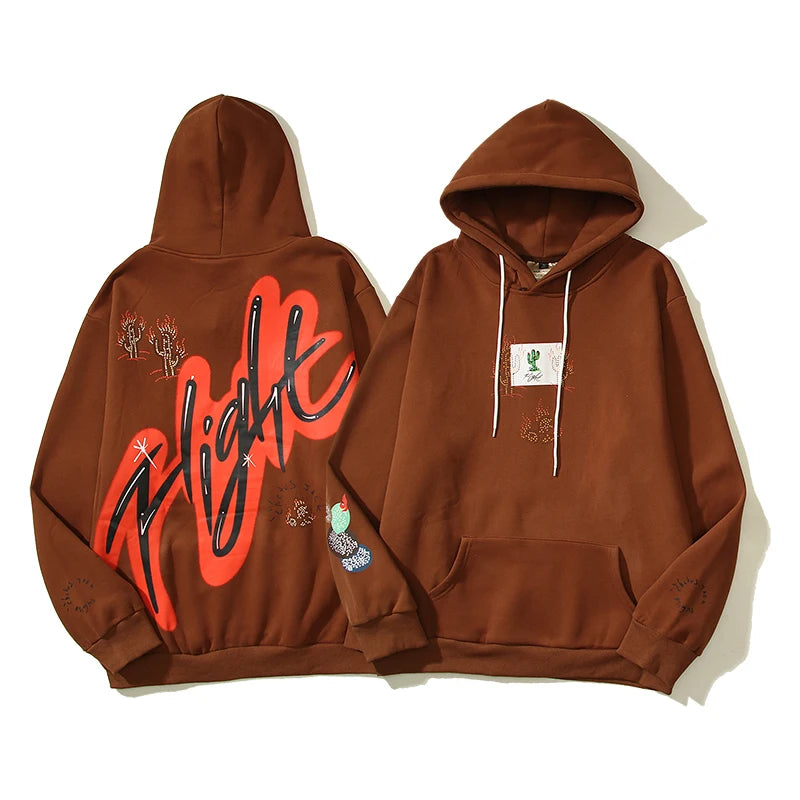 Cactus Jack Letter Brown Fleece Hooded Sweatshirts For Men High Street