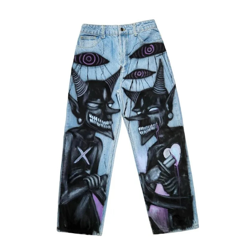 street fashion high street washed blue wide leg pants men y2k harajuku trend devil eyes graffiti print oversized jeans women stacked flare jeans