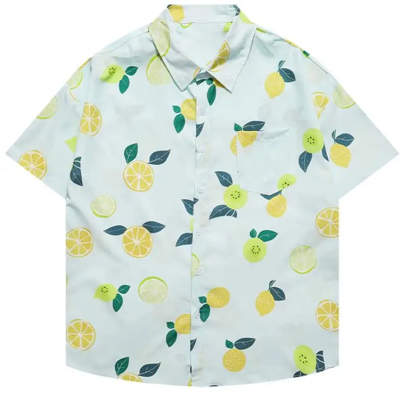 Hawaiian Beach Style Casual Clothes Loose Tops Fruit Print Refreshing Feeling Summer Short Sleeve