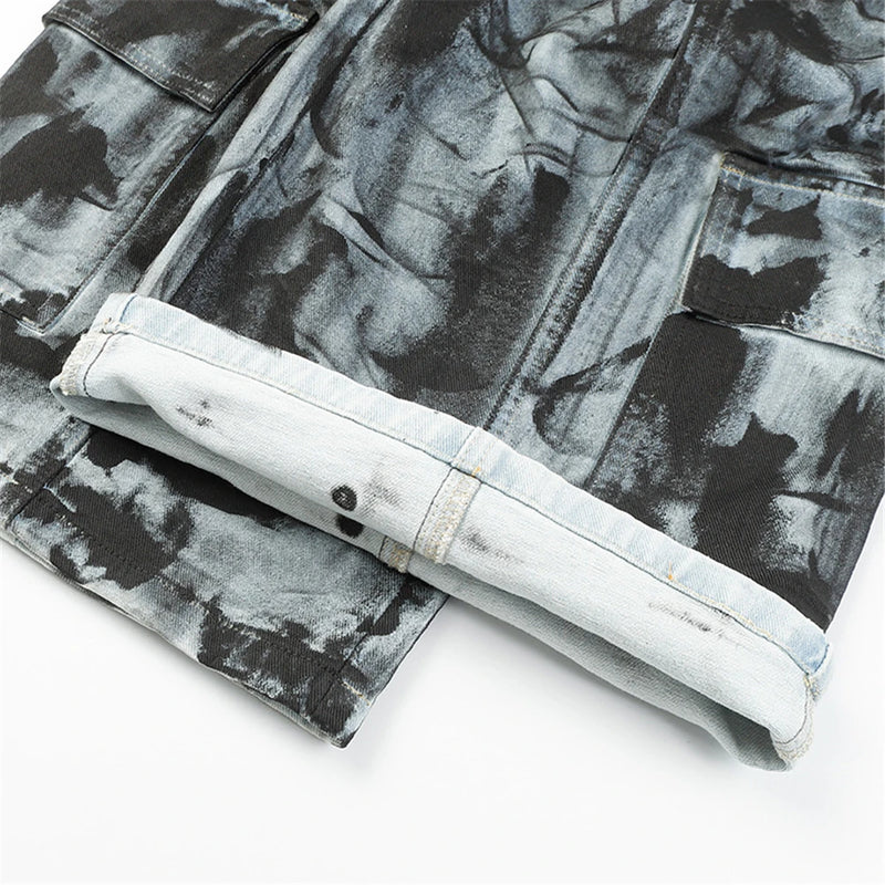 vintage dirty tie dye baggy jeans men multi pocket loose white straight jeans trousers luxury designer oversized denim pant ripped baggy denim