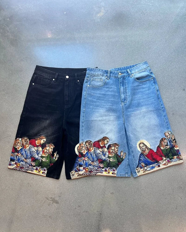 harajuku retro cartoon print oversized wide leg pants gothic washed distressed jeans men y2k fashion casual denim shorts women ripped baggy denim