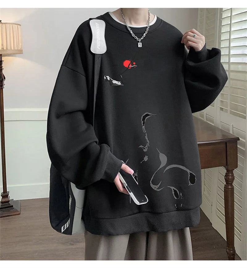 Ink Painting Cartoon Crane Printed Pullover Hoodies For Men 2024 New H