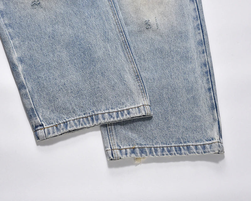 damaged washed blue baggy jeans for men straight hole distressed casual cargo pants frayed streetwear denim trousers oversized unique cargo style 5293