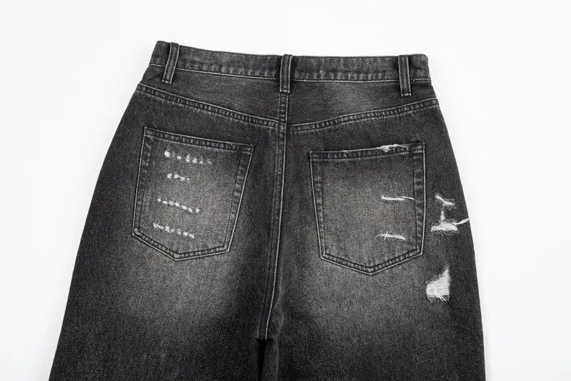 high street black washed straight jeans lowrise hip hop ripped jeans pants for men baggy vintage fashion wide denim pants women unique jeans style 5373